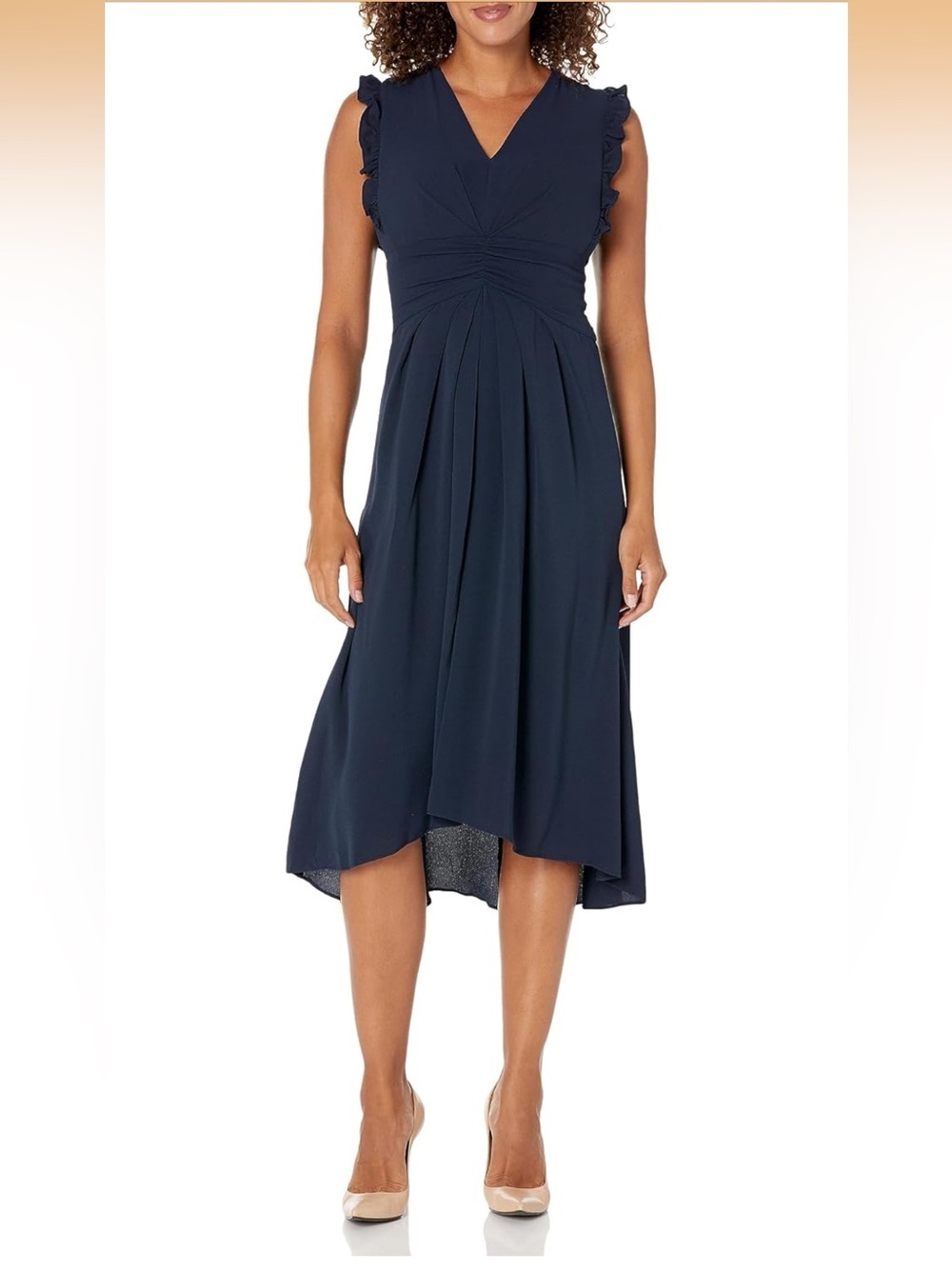 V-Neck Hi-Lo Midi Dress With Gathered Waist And Ruffle Details. 1946/bb7-2